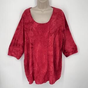 Catherines NEW Women's Embroidered Scoop Neck Top 3/4 Sleeves Size 1X Berry Red